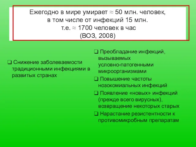 Снижение заболеваемости традиционными инфекциями в развитых странах Преобладание инфекций, вызываемых условно-патогенными микроорганизмами Повышение