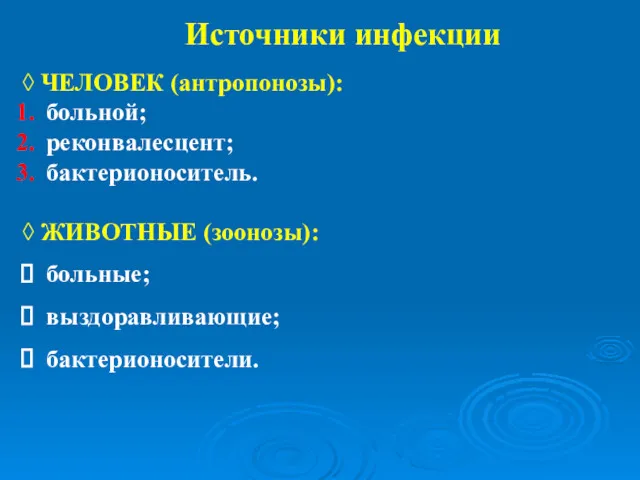 ◊ ЧЕЛОВЕК (антропонозы): больной; реконвалесцент; бактерионоситель. ◊ ЖИВОТНЫЕ (зоонозы): больные; выздоравливающие; бактерионосители. Источники инфекции