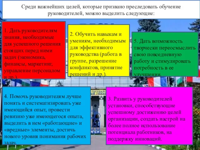 Среди важнейших целей, которые призвано преследовать обучение руководителей, можно выделить