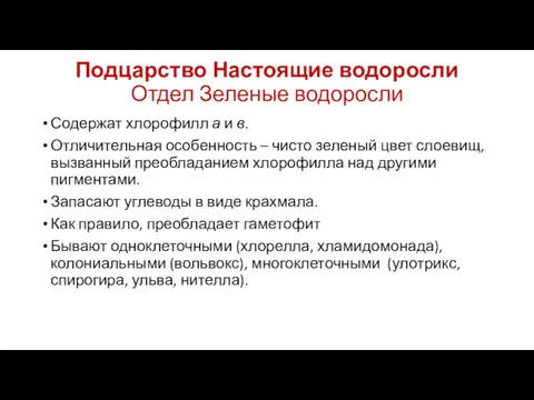 Подцарство Настоящие водоросли Отдел Зеленые водоросли Содержат хлорофилл а и