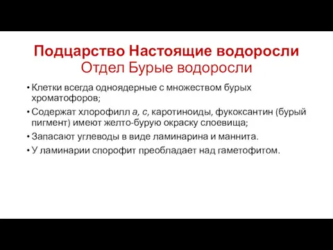 Подцарство Настоящие водоросли Отдел Бурые водоросли Клетки всегда одноядерные с