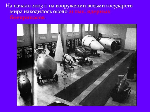 На начало 2003 г. на вооружении восьми государств мира находилось около 21 тыс. ядерных боеприпасов.