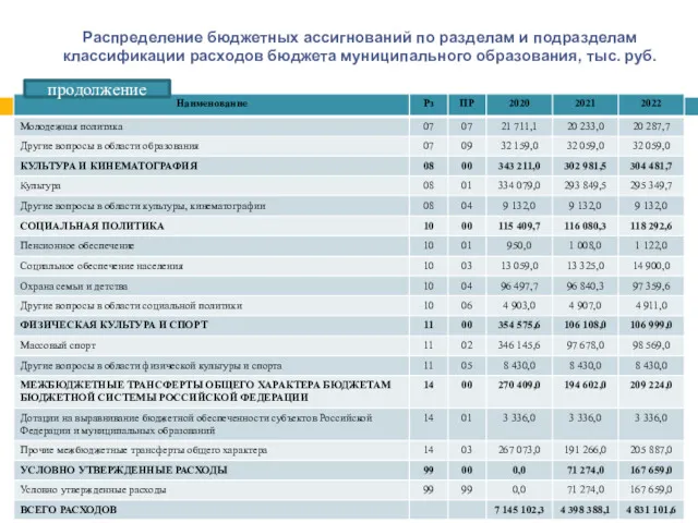 Распределение бюджетных ассигнований по разделам и подразделам классификации расходов бюджета муниципального образования, тыс. руб. продолжение
