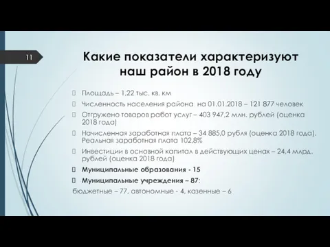 Какие показатели характеризуют наш район в 2018 году Площадь –