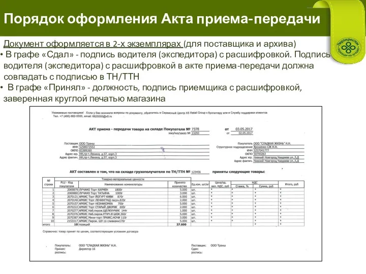 Порядок оформления Акта приема-передачи Документ оформляется в 2-х экземплярах (для