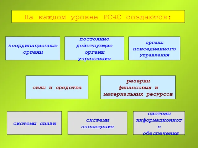 На каждом уровне РСЧС создаются: координационные органы органы повседневного управления