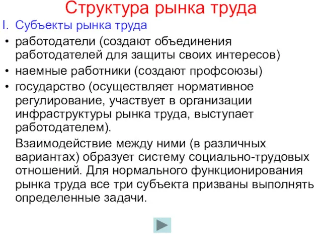 Структура рынка труда Субъекты рынка труда работодатели (создают объединения работодателей