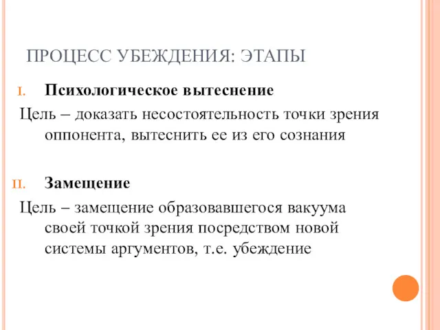 ПРОЦЕСС УБЕЖДЕНИЯ: ЭТАПЫ Психологическое вытеснение Цель – доказать несостоятельность точки