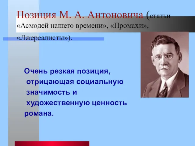 Позиция М. А. Антоновича (статьи «Асмодей нашего времени», «Промахи», «Лжереалисты»).