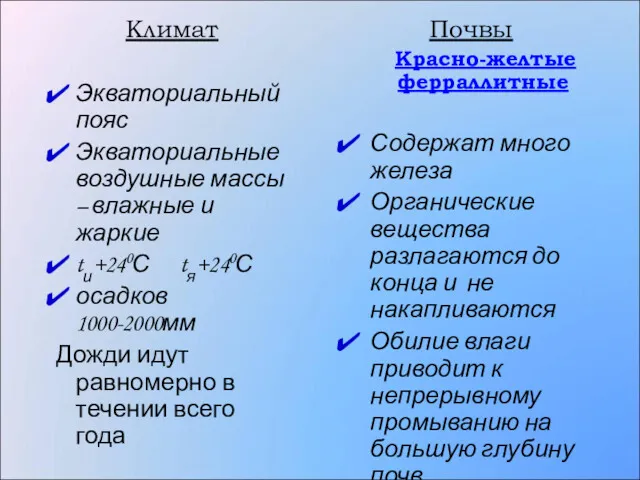 Почвы Красно-желтые ферраллитные Содержат много железа Органические вещества разлагаются до