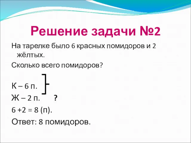 Решение задачи №2 На тарелке было 6 красных помидоров и