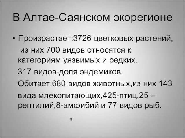 В Алтае-Саянском экорегионе Произрастает:3726 цветковых растений, из них 700 видов