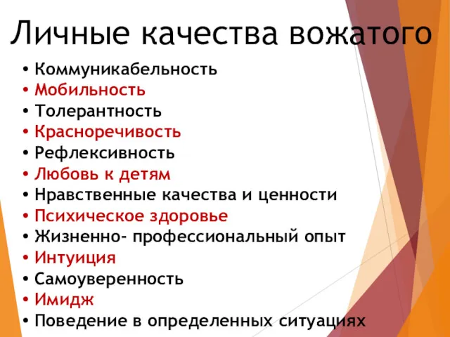 Личные качества вожатого Коммуникабельность Мобильность Толерантность Красноречивость Рефлексивность Любовь к