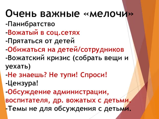 Очень важные «мелочи» -Панибратство -Вожатый в соц.сетях -Прятаться от детей