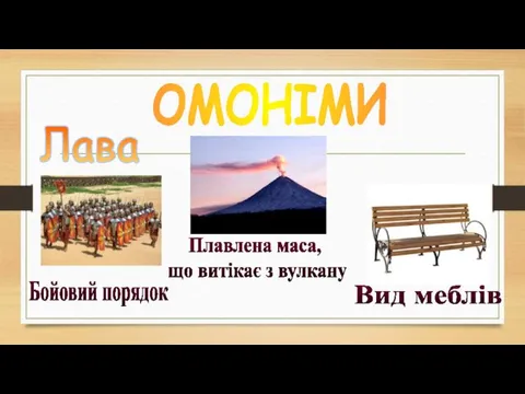 ОМОНІМИ Лава Бойовий порядок Вид меблів Плавлена маса, що витікає з вулкану