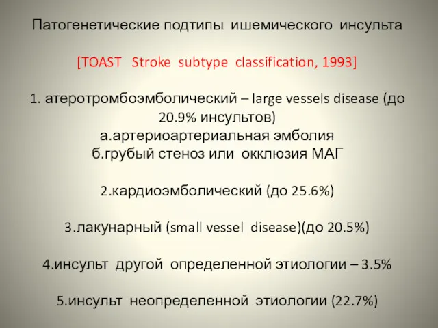 Патогенетические подтипы ишемического инсульта [TOAST Stroke subtype classification, 1993] 1.