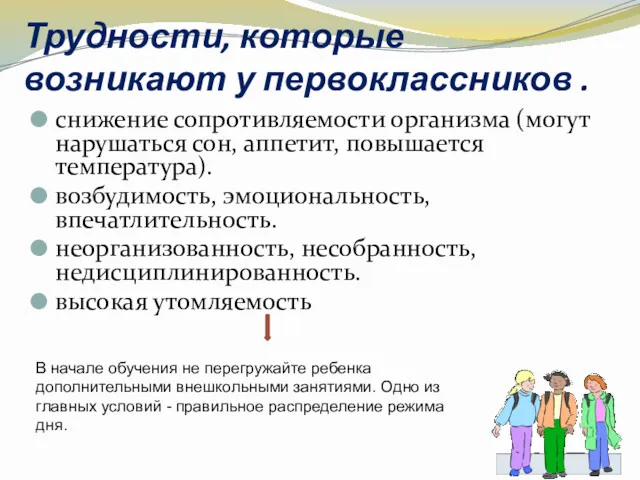 Трудности, которые возникают у первоклассников . снижение сопротивляемости организма (могут нарушаться сон, аппетит,