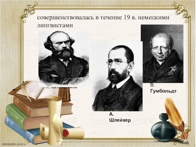 Х. Штейнталь В. Гумбольдт А. Шлейхер совершенствовалась в течение 19 в. немецкими лингвистами