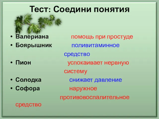 Тест: Соедини понятия Валериана помощь при простуде Боярышник поливитаминное средство