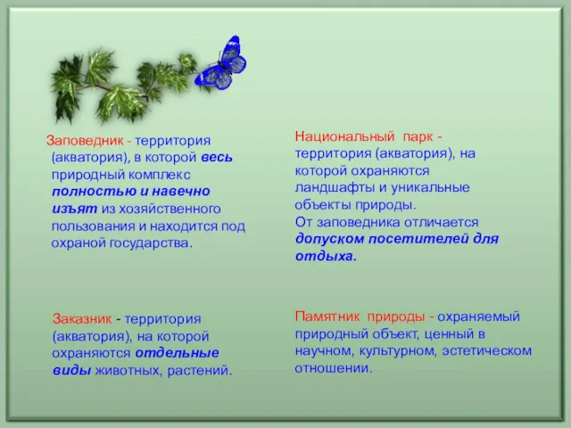 Заповедник - территория (акватория), в которой весь природный комплекс полностью