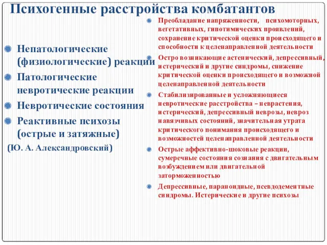 Психогенные расстройства комбатантов Непатологические (физиологические) реакции Патологические невротические реакции Невротические