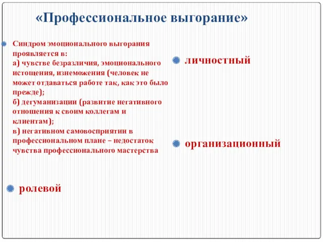 «Профессиональное выгорание» Синдром эмоционального выгорания проявляется в: а) чувстве безразличия,