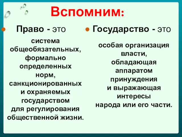 Вспомним: Право - это Государство - это система общеобязательных, формально