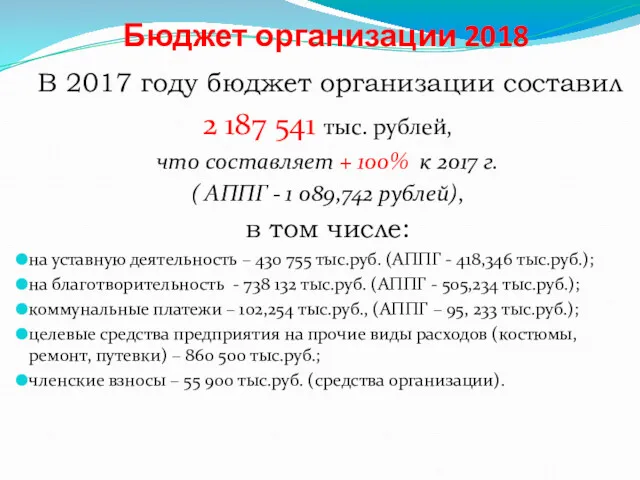 Бюджет организации 2018 В 2017 году бюджет организации составил 2