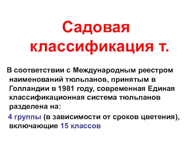 Садовая классификация т. В соответствии с Международным реестром наименований тюльпанов,