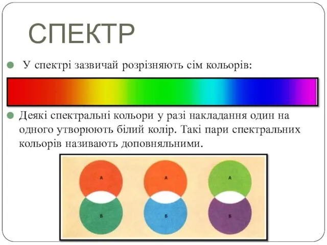 СПЕКТР У спектрі зазвичай розрізняють сім кольорів: Деякі спектральні кольори