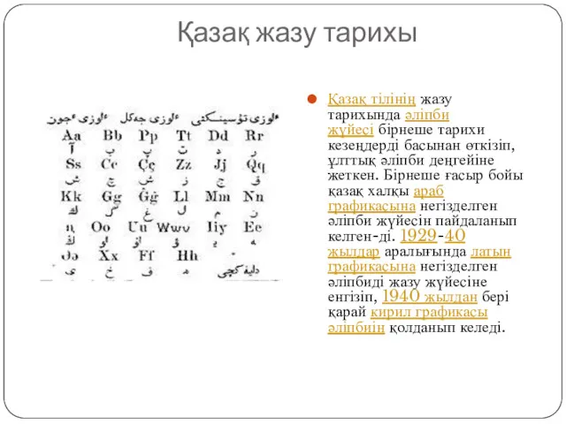 Қазақ жазу тарихы Қазақ тілінің жазу тарихында әліпби жүйесі бірнеше