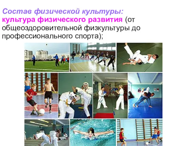 Состав физической культуры: культура физического развития (от общеоздоровительной физкультуры до профессионального спорта);