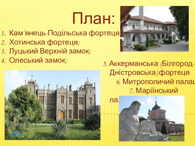 План: Кам’янець-Подільська фортеця; Хотинська фортеця; Луцький Верхній замок; Олеський замок;