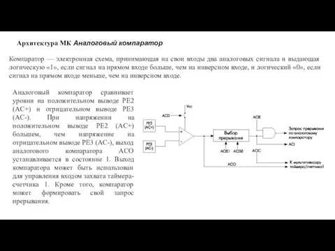 Архитектура МК Аналоговый компаратор Компаратор — электронная схема, принимающая на