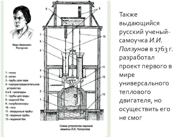 Также выдающийся русский ученый-самоучка И.И.Ползунов в 1763 г. разработал проект первого в мире