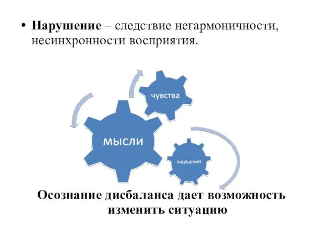 Нарушение – следствие негармоничности, несинхронности восприятия. Осознание дисбаланса дает возможность изменить ситуацию