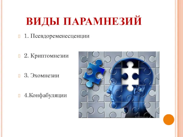 ВИДЫ ПАРАМНЕЗИЙ 1. Псевдоременесценции 2. Криптомнезии 3. Эхомнезии 4.Конфабуляции