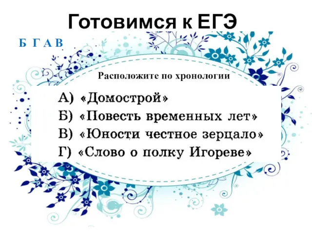 Готовимся к ЕГЭ Расположите по хронологии Б Г А В