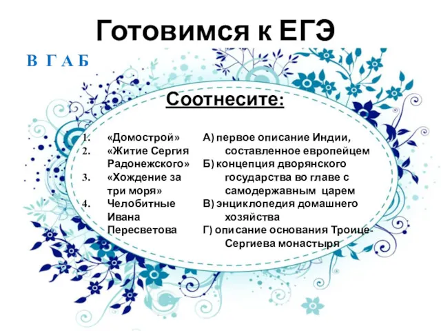 Готовимся к ЕГЭ Соотнесите: «Домострой» «Житие Сергия Радонежского» «Хождение за