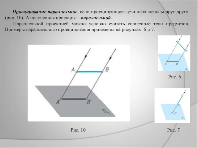 Проецирование параллельное, если проецирующие лучи параллельны друг другу. (рис. 10).