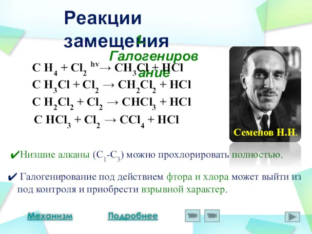 Реакции замещения 1. Галогенирование C H4 + Cl2 hv→ CH3Cl