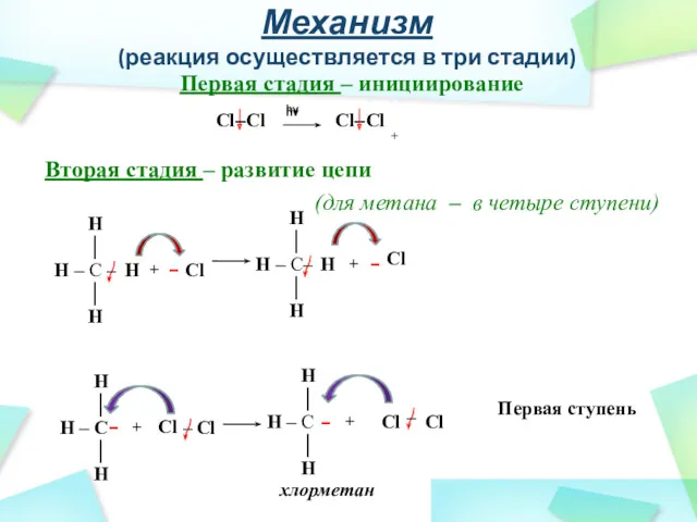 + Механизм (реакция осуществляется в три стадии) Первая стадия –