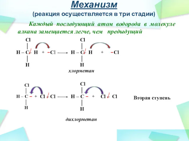 Механизм (реакция осуществляется в три стадии) Каждый последующий атом водорода