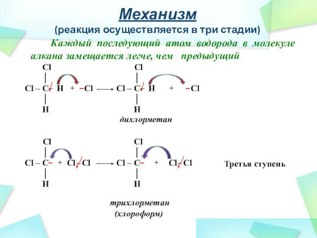 Механизм (реакция осуществляется в три стадии) Каждый последующий атом водорода