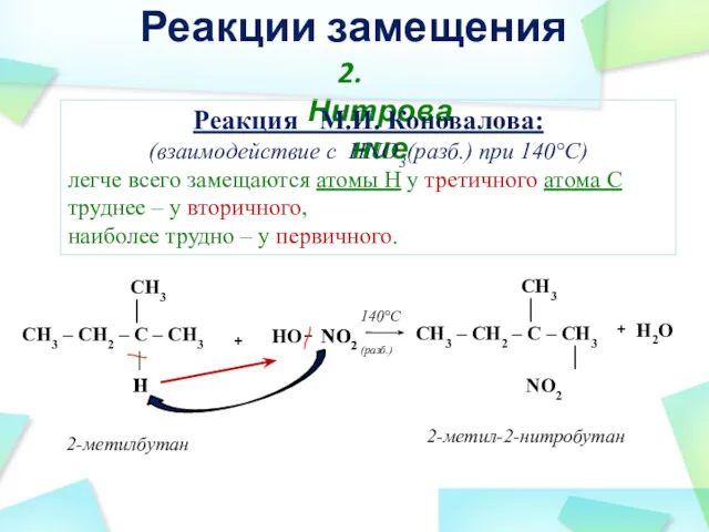 H + H2O + 2-метил-2-нитробутан 2-метилбутан CH3 │ CH3 –
