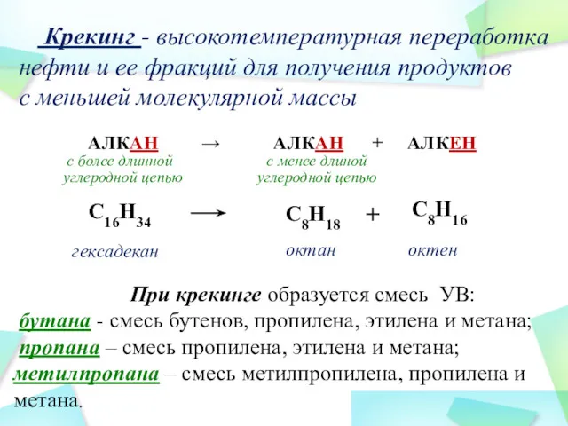 C16H34 C8H18 + C8H16 гексадекан октан октен При крекинге образуется