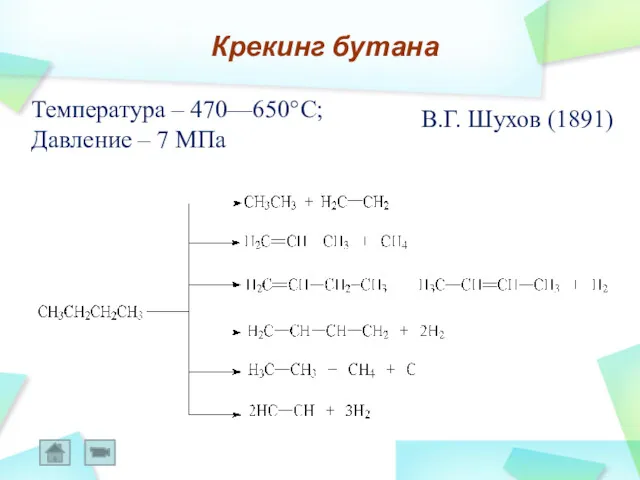 Крекинг бутана В.Г. Шухов (1891) Температура – 470—650°С; Давление – 7 МПа