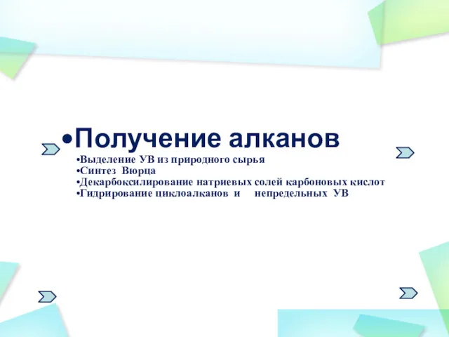 Получение алканов Выделение УВ из природного сырья Синтез Вюрца Декарбоксилирование