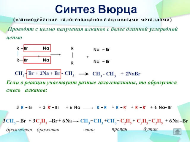 (взаимодействие галогеналканов с активными металлами) Проводят с целью получения алканов