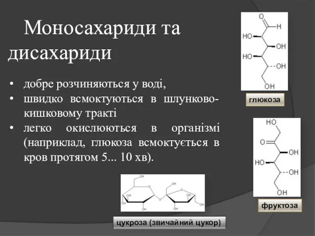 Моносахариди та дисахариди добре розчиняються у воді, швидко всмоктуються в